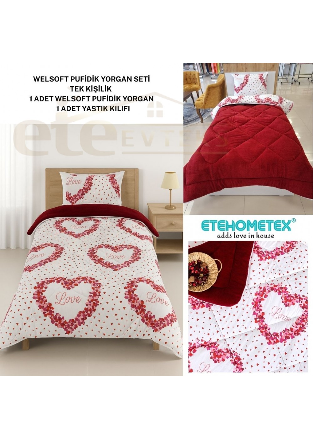 ETE HOMETEX TEK KİŞİLİK LÜX WELSOFT YORGAN SETİ LOVE BORDO 155X215CM 8696474231966